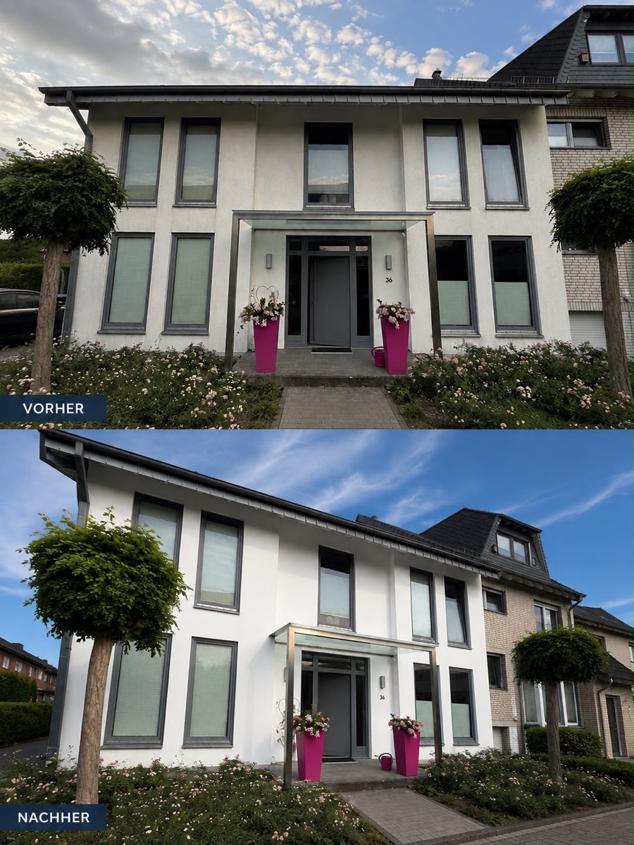 Fassaden- und Fensterreinigung Einfamilienhaus in Düren — Vorher und Nachher